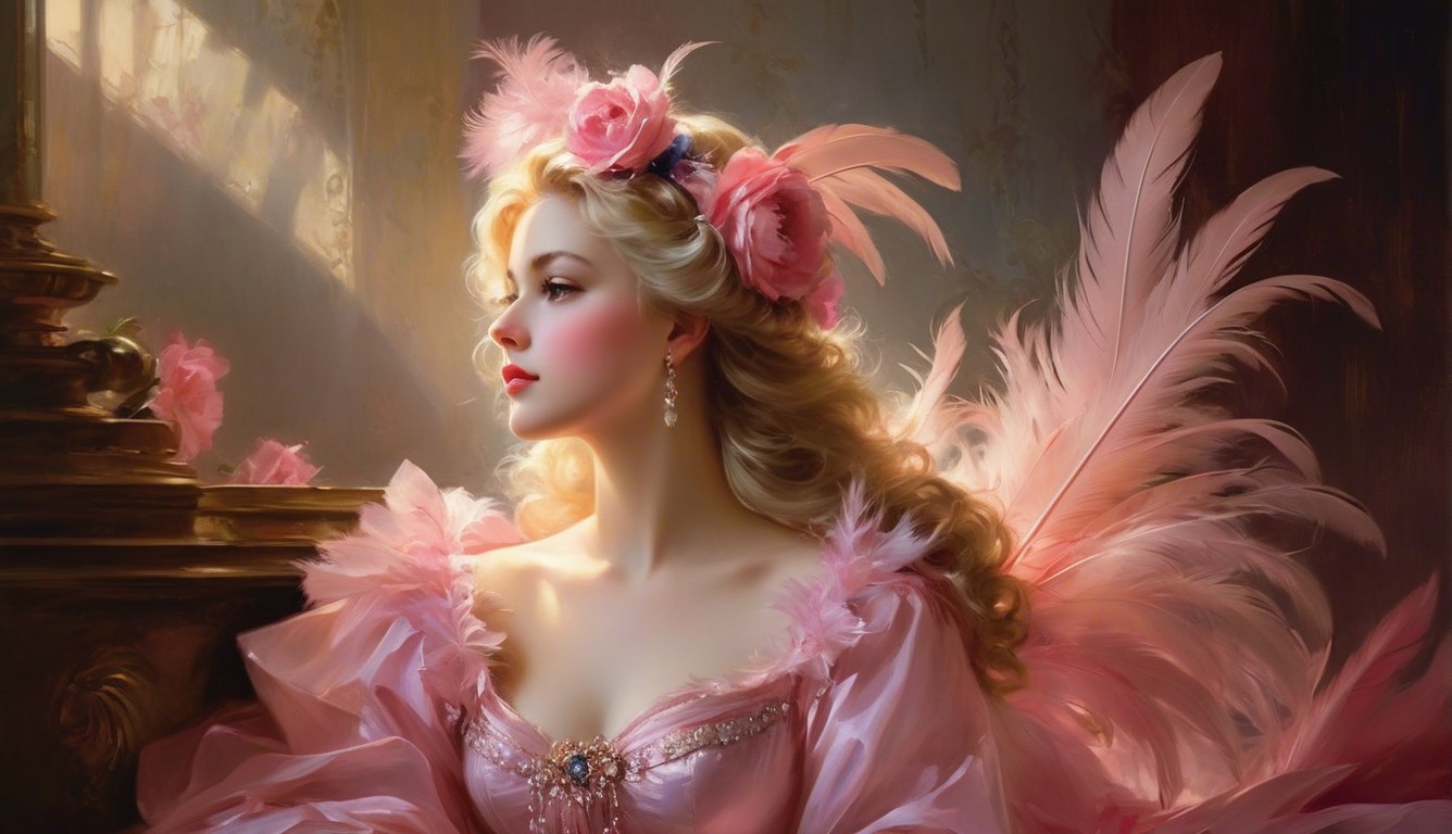 Elegant Woman in Lavish Pink Gown with Feathers