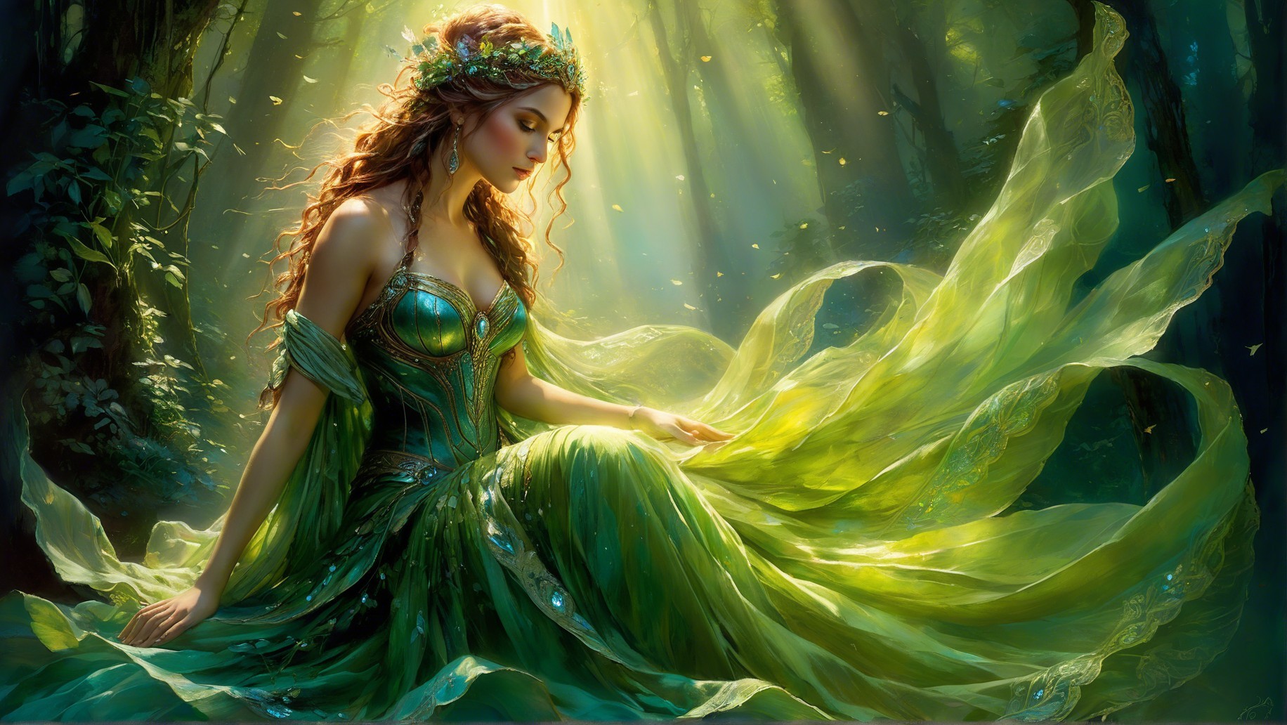 Serene Forest Scene with Woman in Green Gown