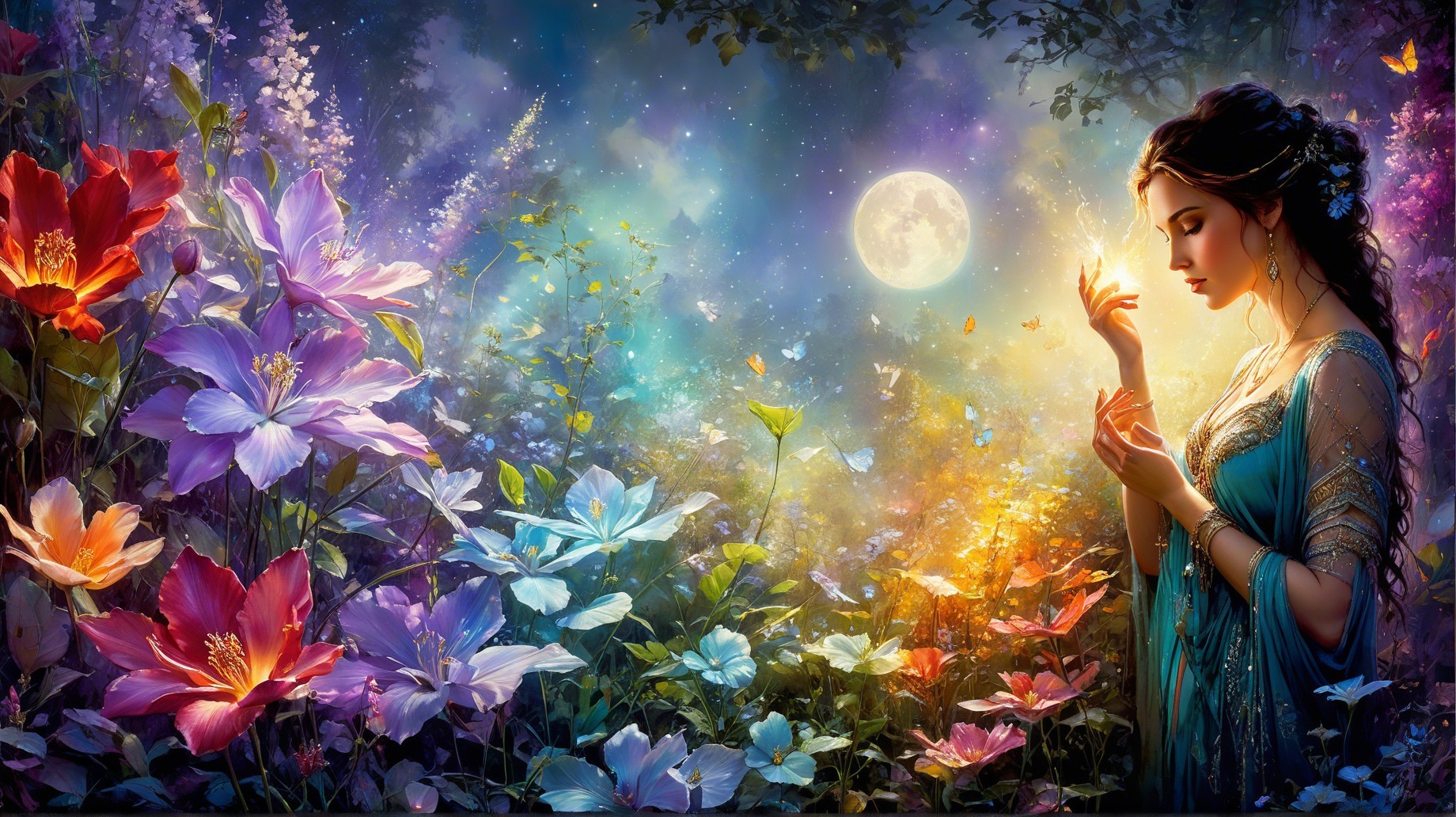 Mystical Garden Scene with Moonlit Serenity and Butterflies
