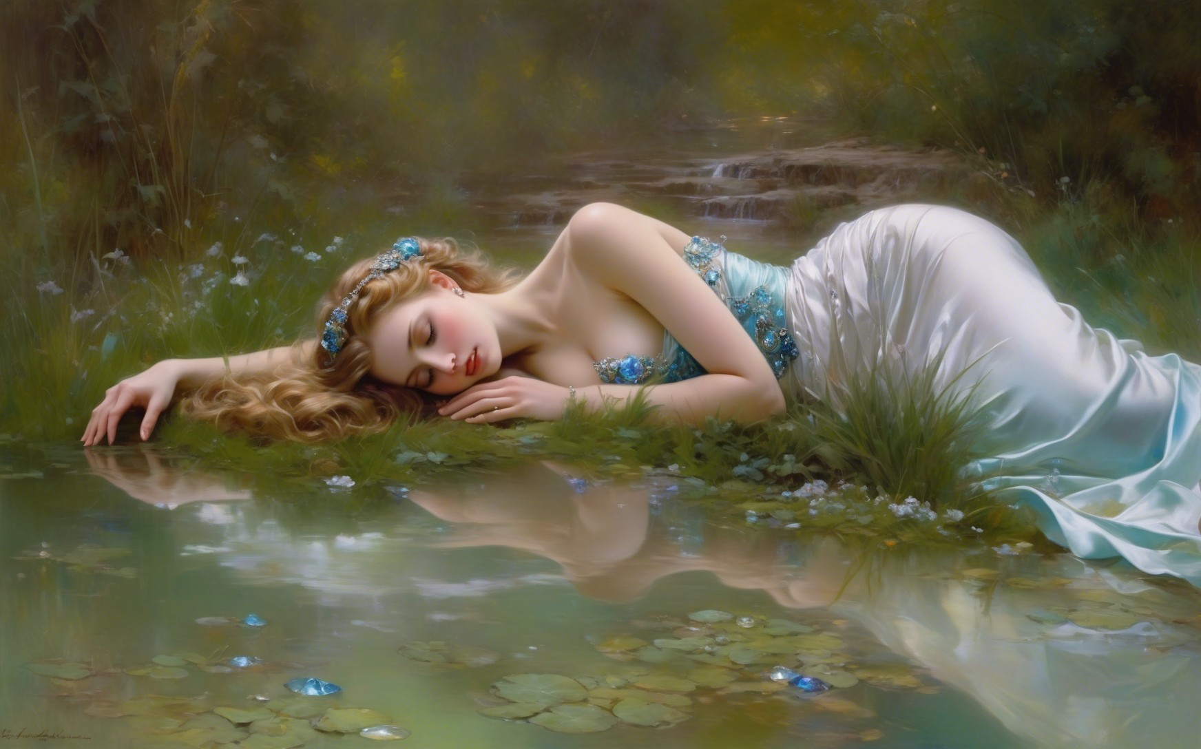Young Woman in Silver Gown by Tranquil Pond