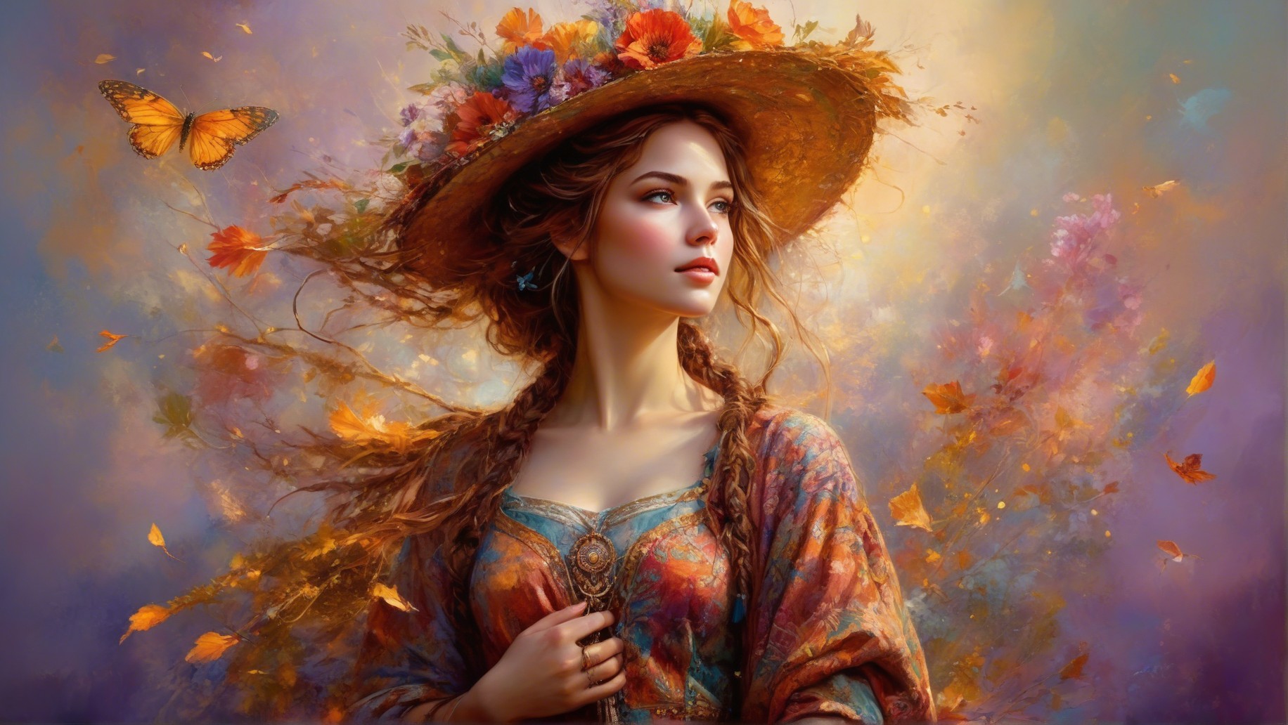 Young woman in floral dress with serene autumn backdrop