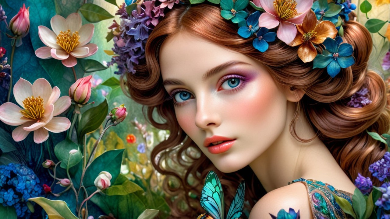 Young woman with red hair and floral backdrop