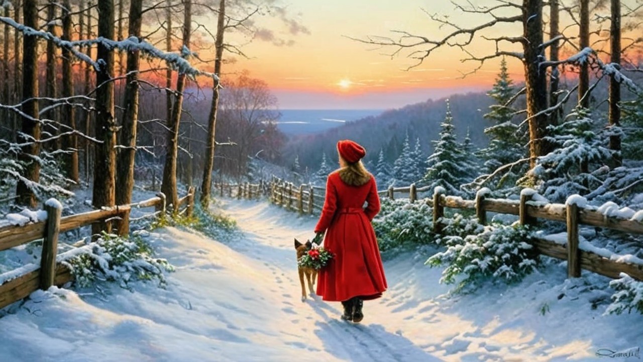 Woman in red coat walks snowy path with dog