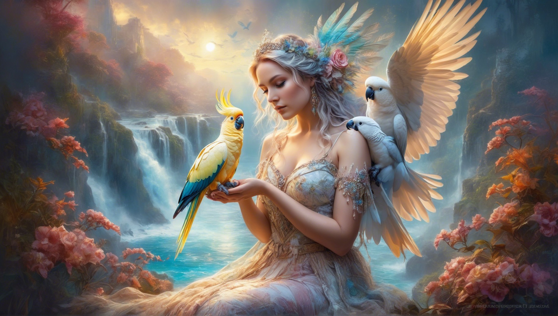 Serene woman with flowers and colorful parrot in nature