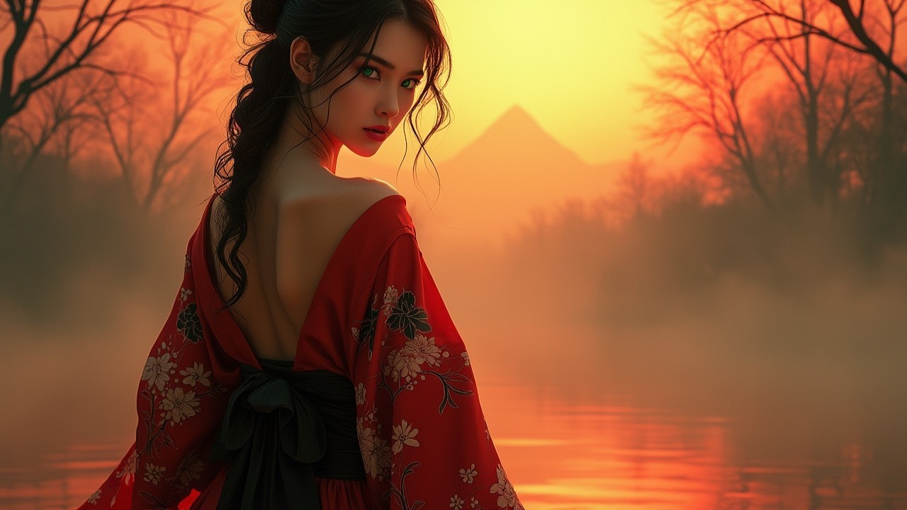 Young Woman in Red Kimono by Serene Sunset Water