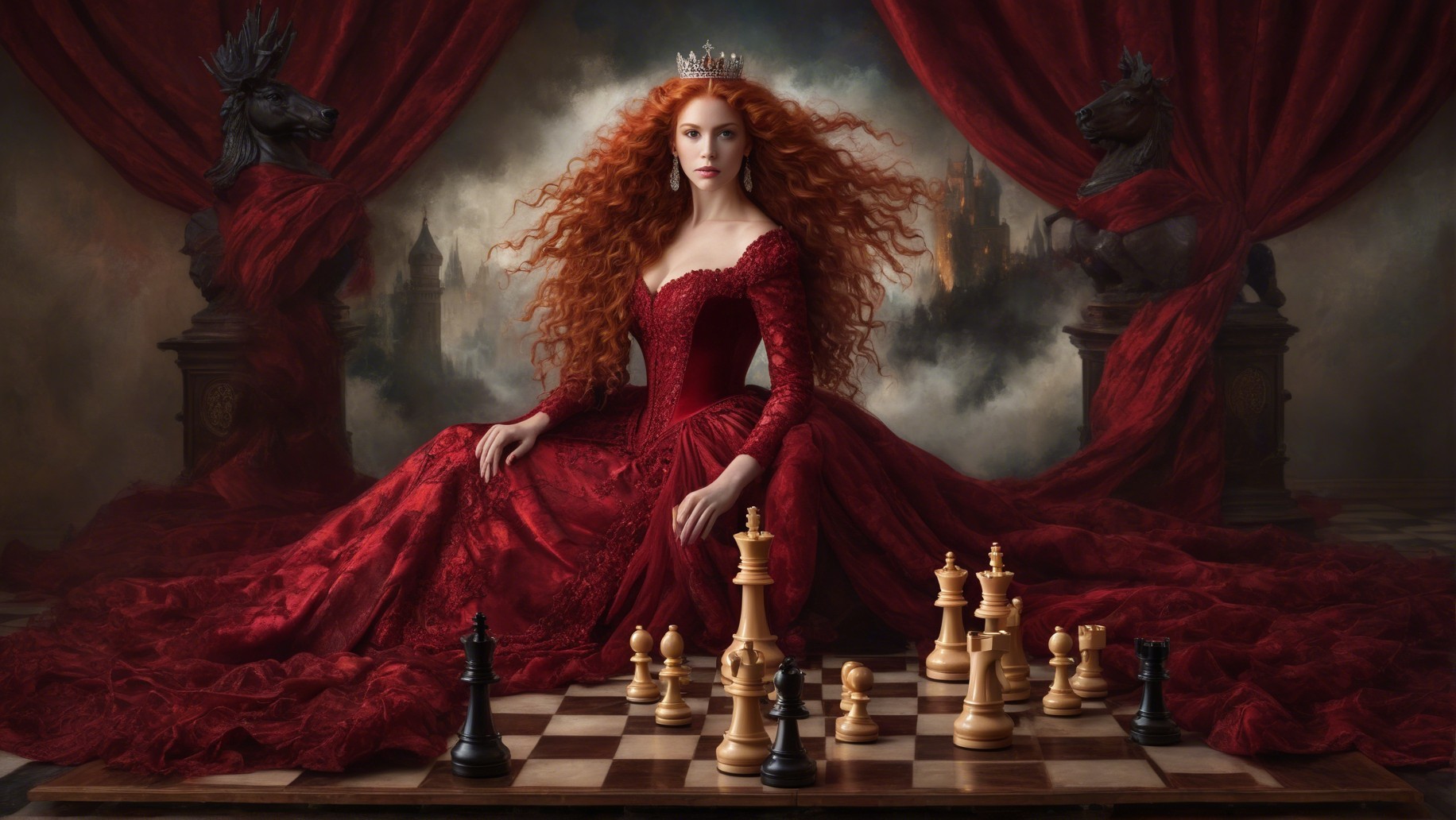 Regal Figure in Red Gown at Chessboard Scene