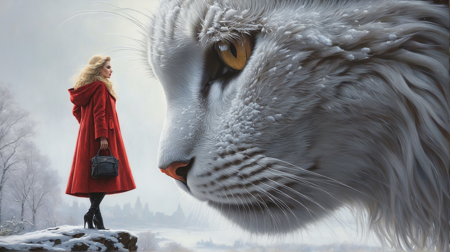 Surreal Winter Scene with Woman and Giant White Cat