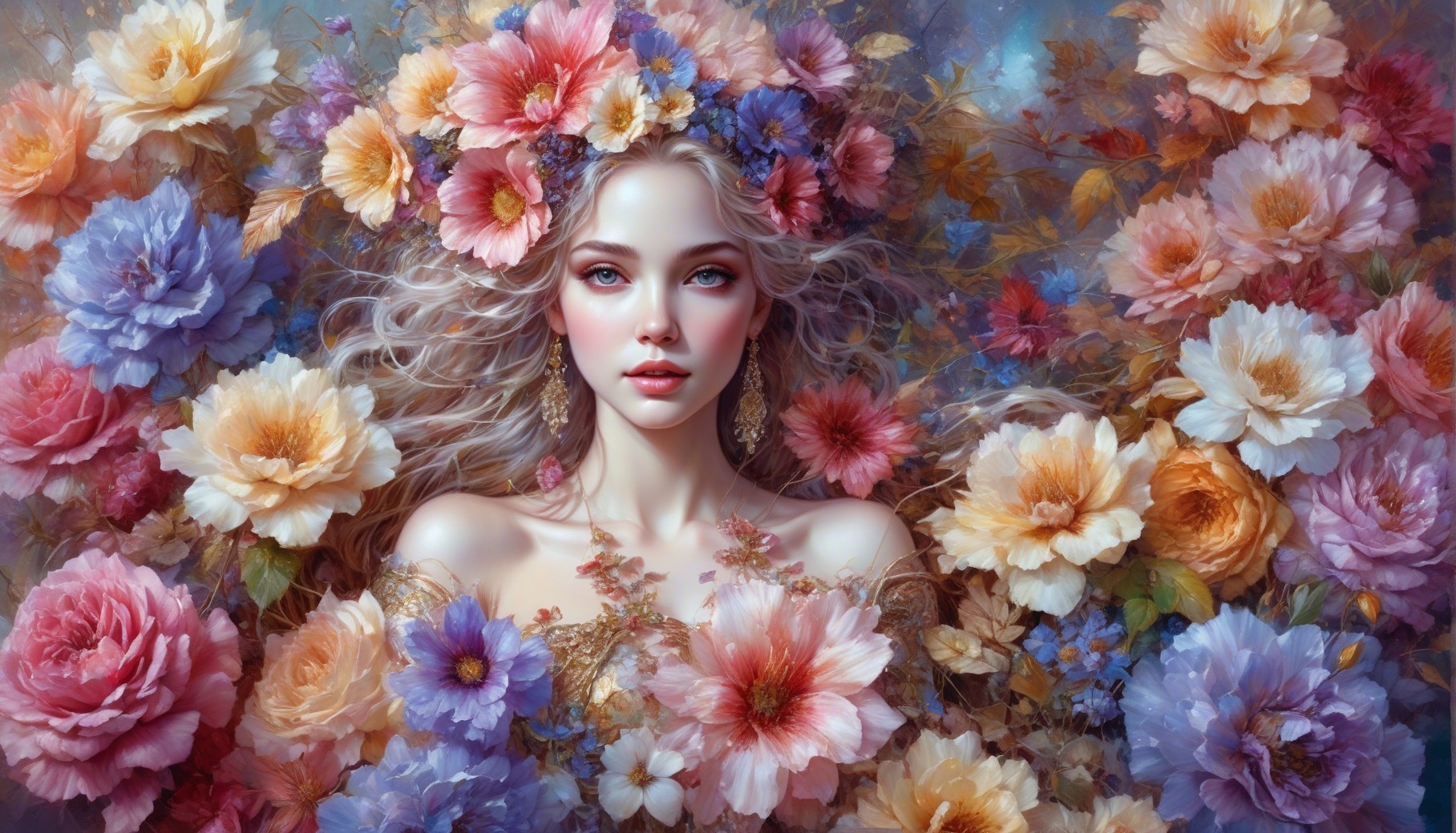 Young woman with floral crown in vibrant nature setting