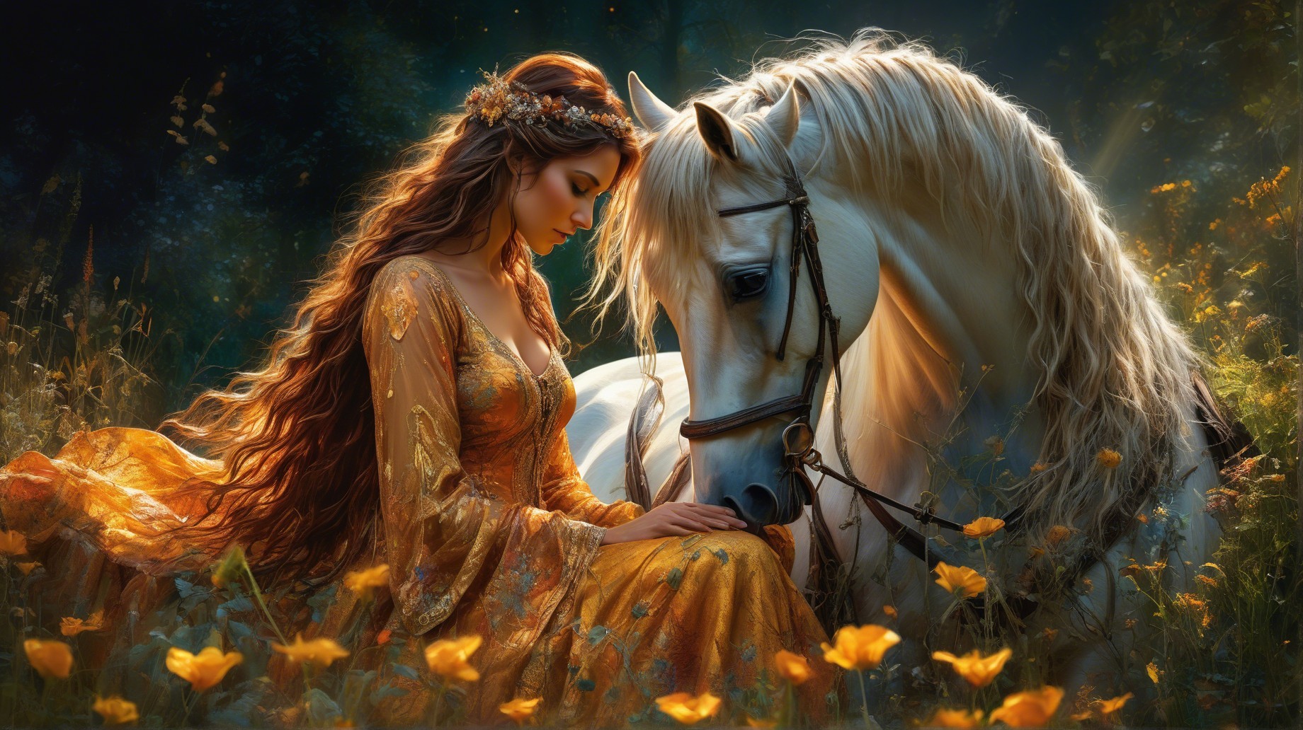Woman in golden gown with white horse in serene forest