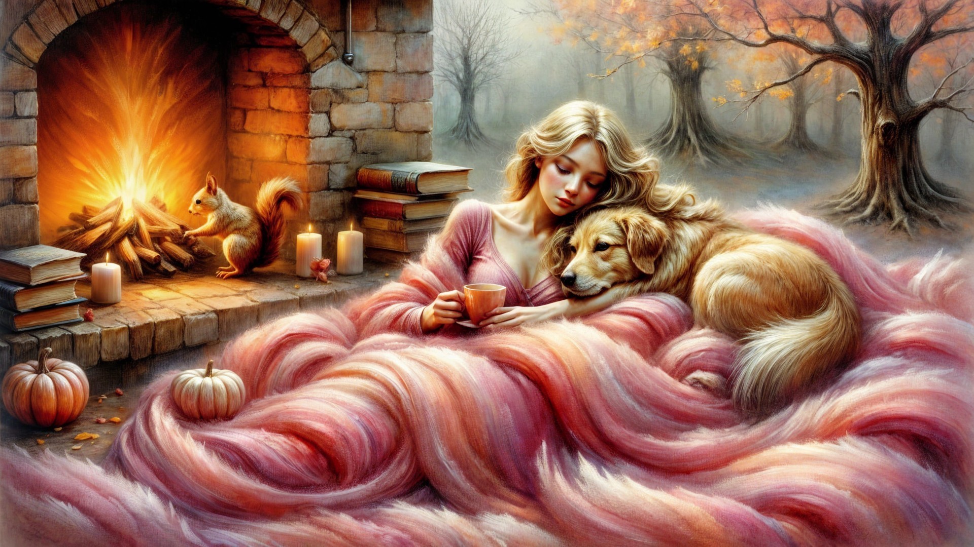 Cozy Autumn Scene with Woman, Dog, and Decor Elements