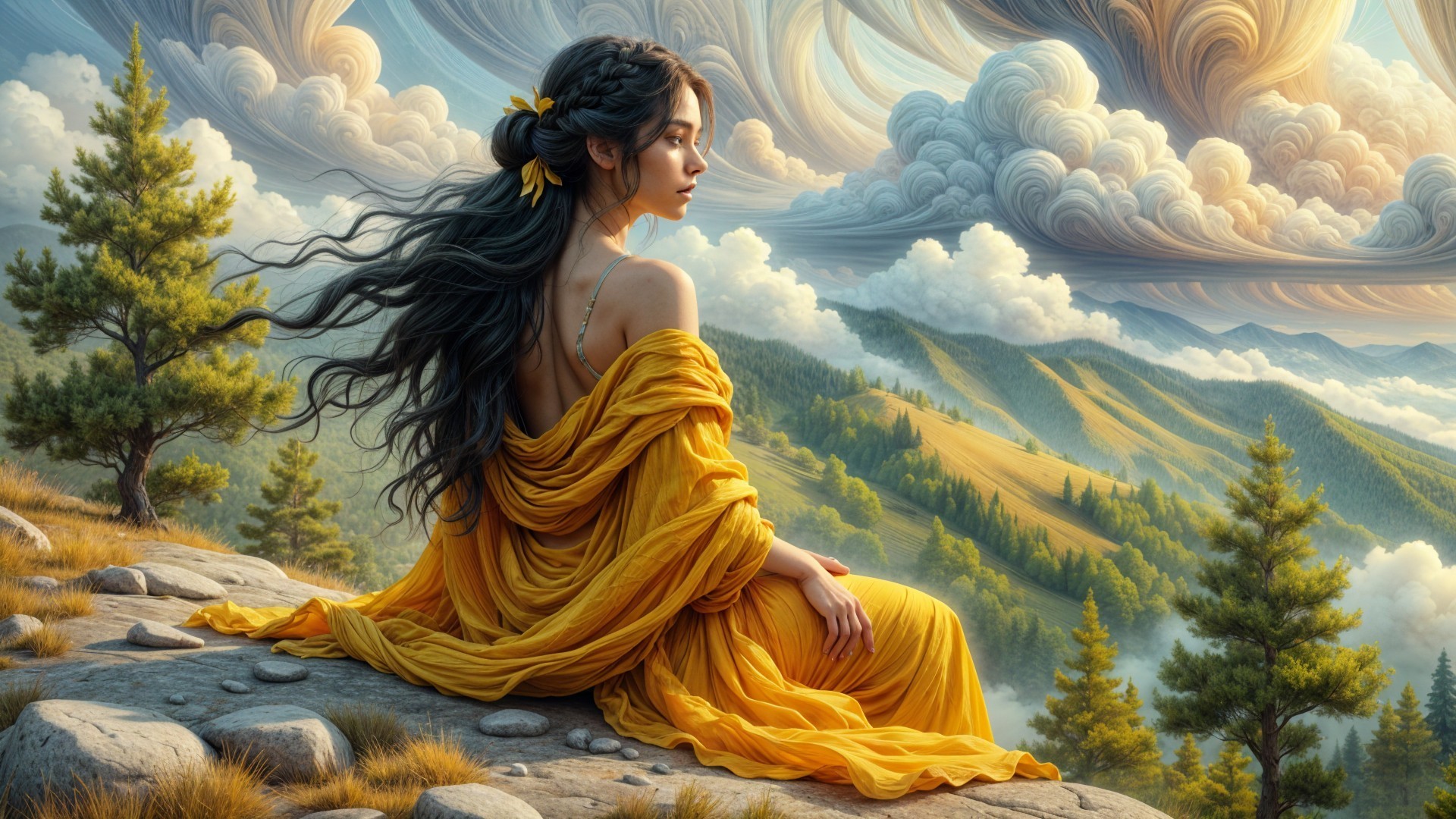 Serene Woman in Yellow Gown on Rocky Outcrop