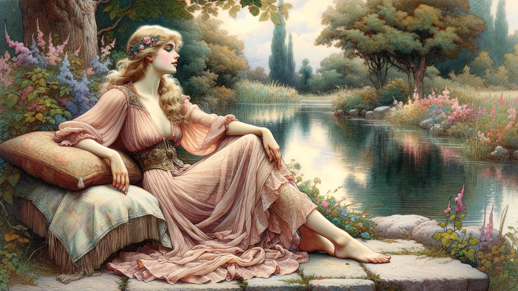 Serene Woman in Pink Dress by Tranquil Pond