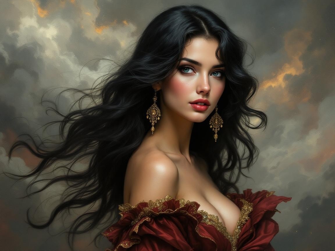 Elegant Woman in Red Gown with Black Hair and Gold Accents