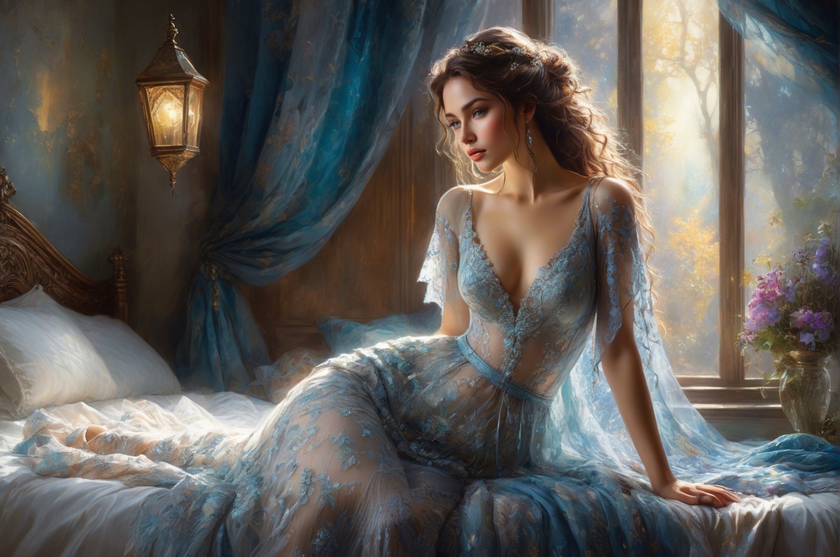 Elegant woman in sheer gown on luxurious bed