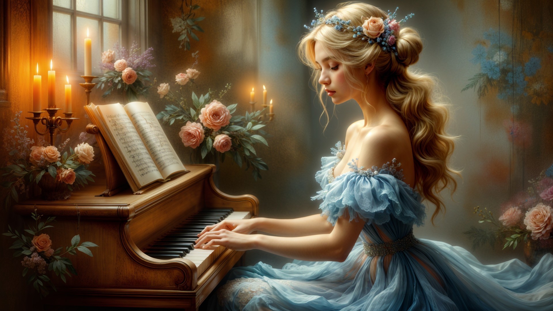 Young woman in blue gown playing piano with candles