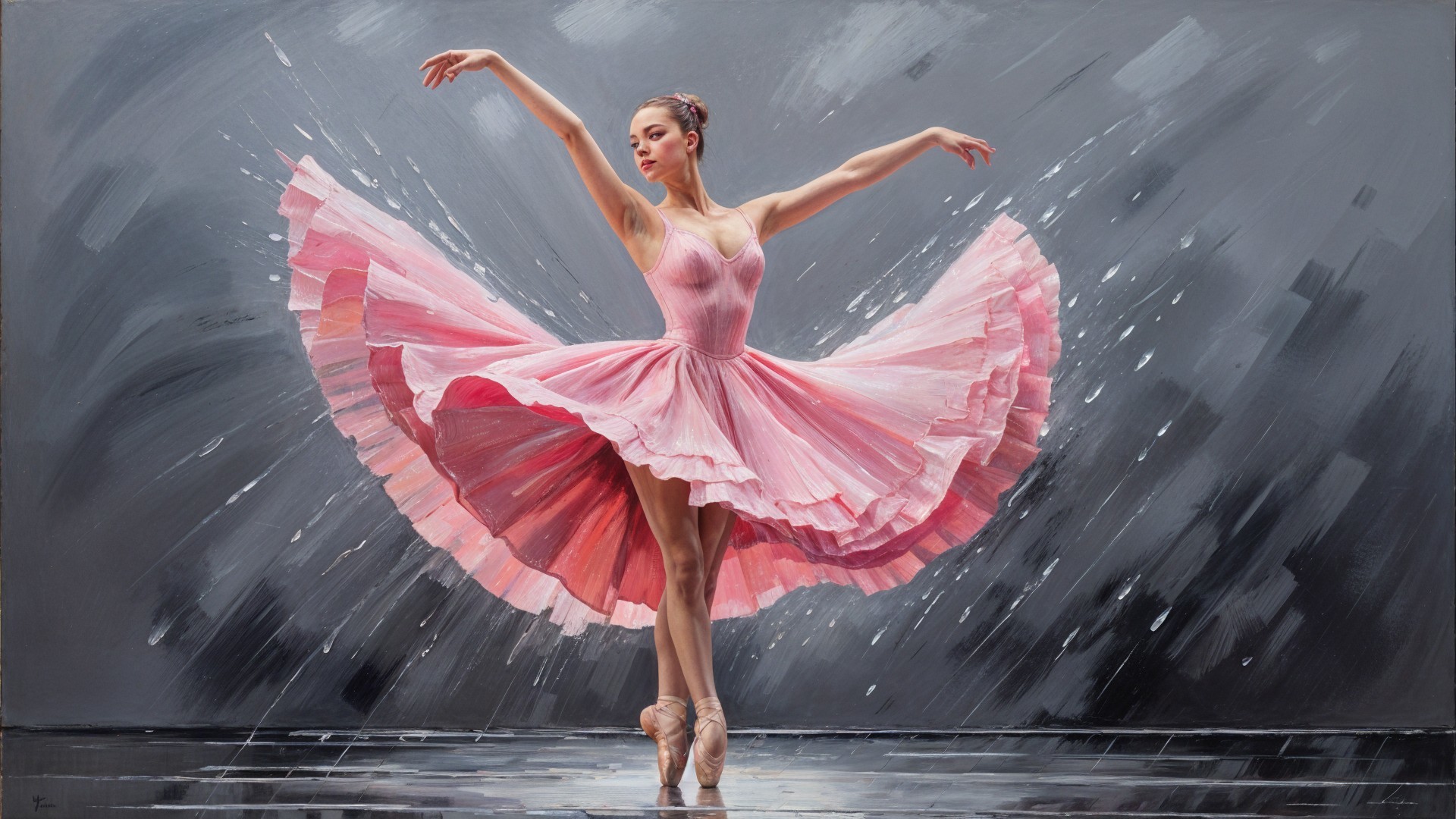 Ballerina in Pink Tutu Against Gray Water Background