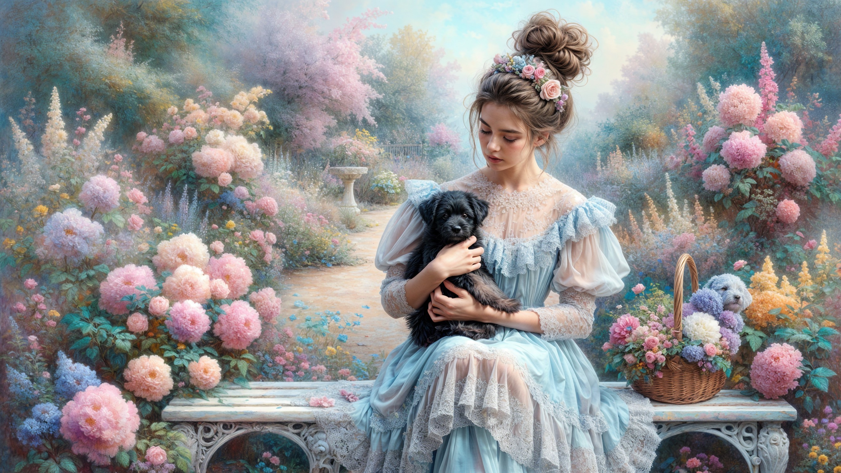 Tranquil Garden Scene with Woman and Black Dog