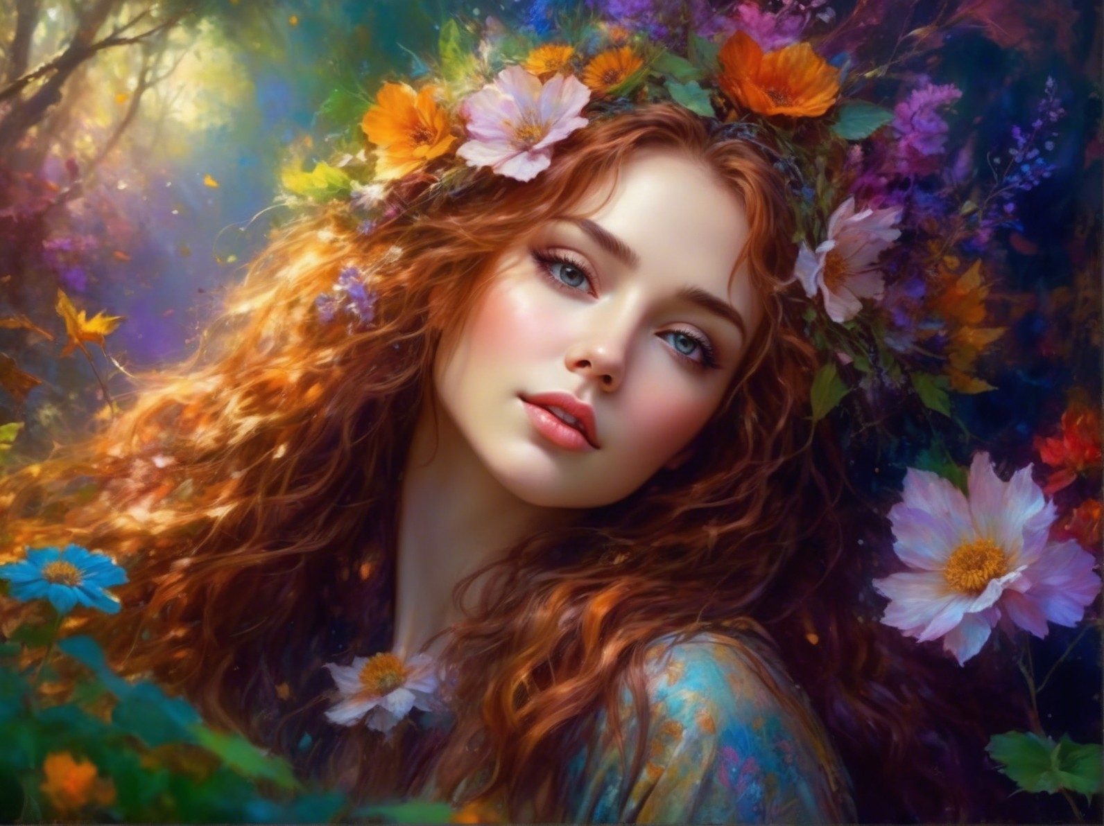 Young woman with reddish-brown hair and floral backdrop