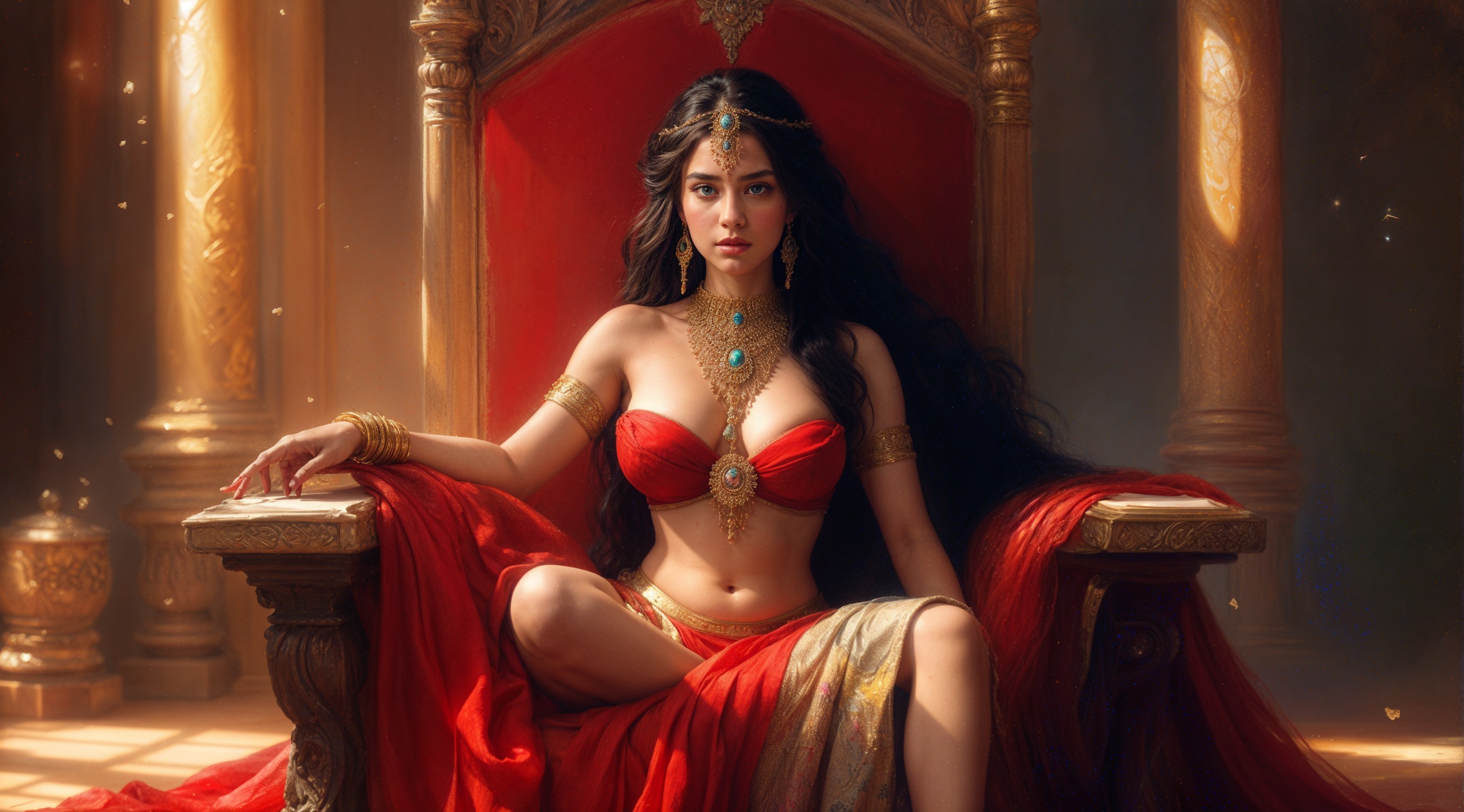 Regal Woman on Ornate Throne in Red and Gold Attire