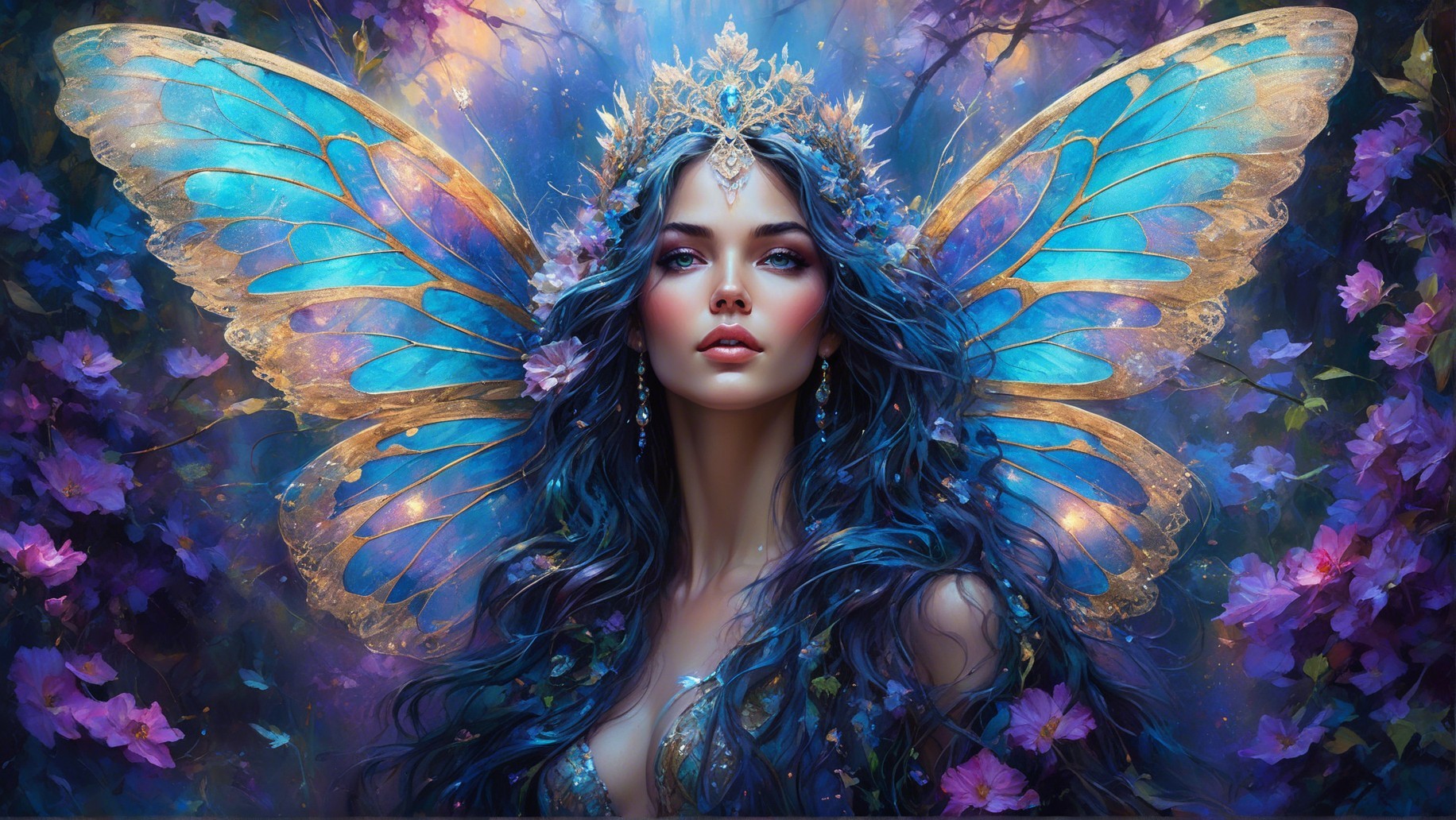 Mystical figure with butterfly wings in nature setting
