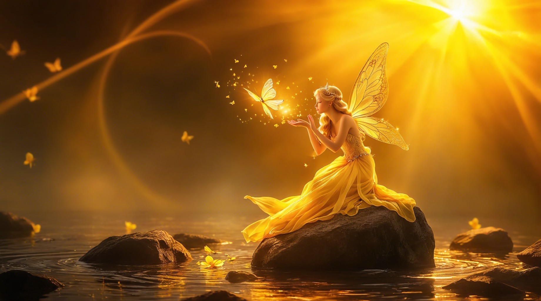 Fairy on Rock in Tranquil Water Setting with Butterflies