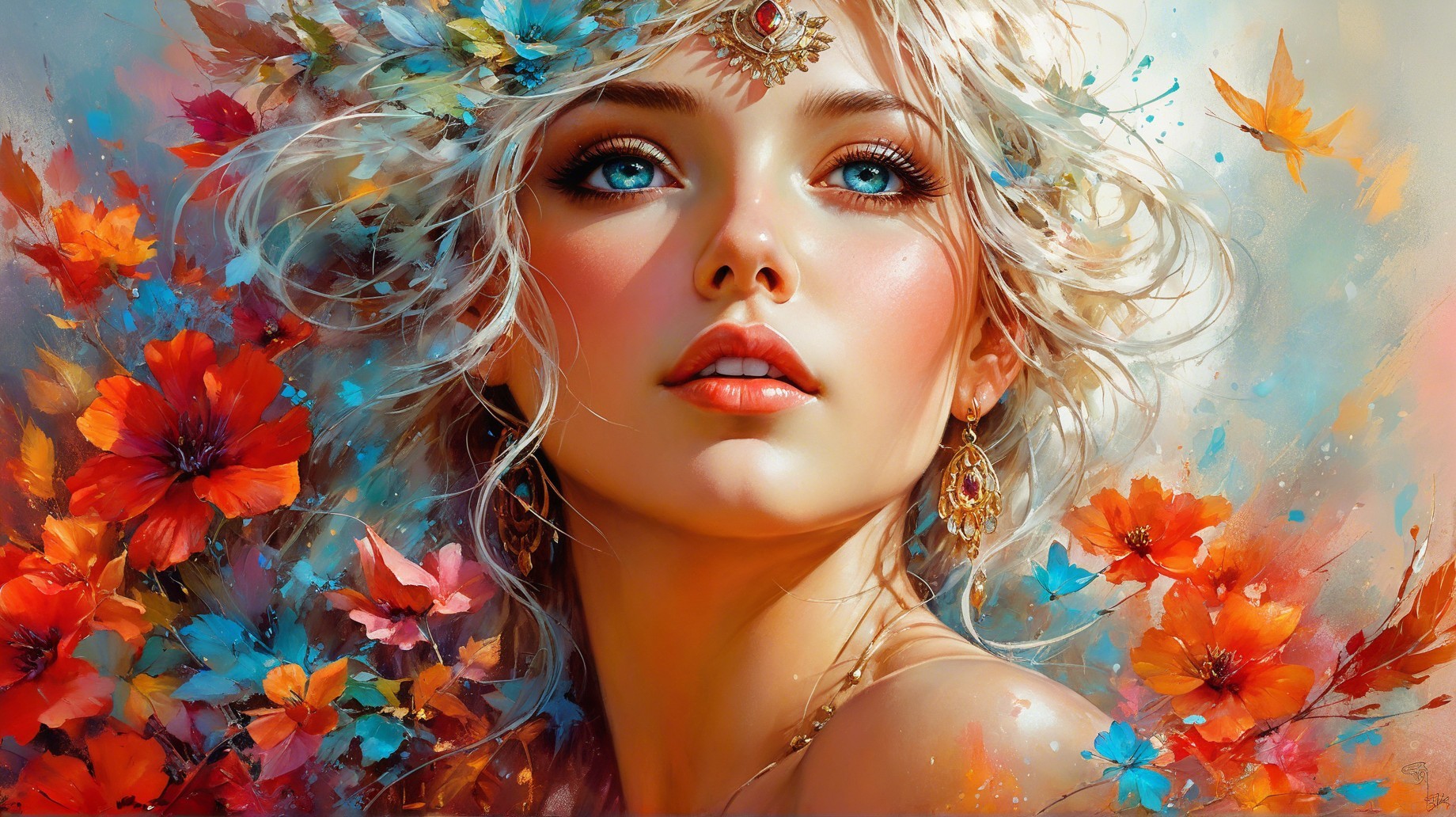 Portrait of a woman with floral crown and vibrant blossoms