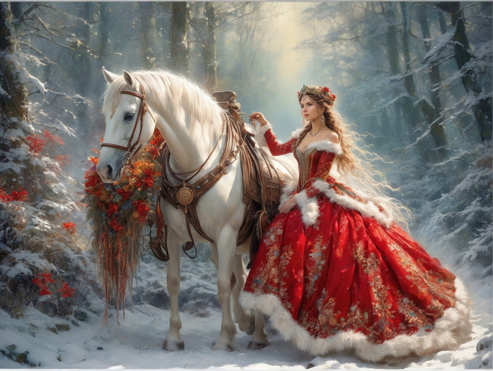 Woman in Red Gown with White Horse in Winter Forest