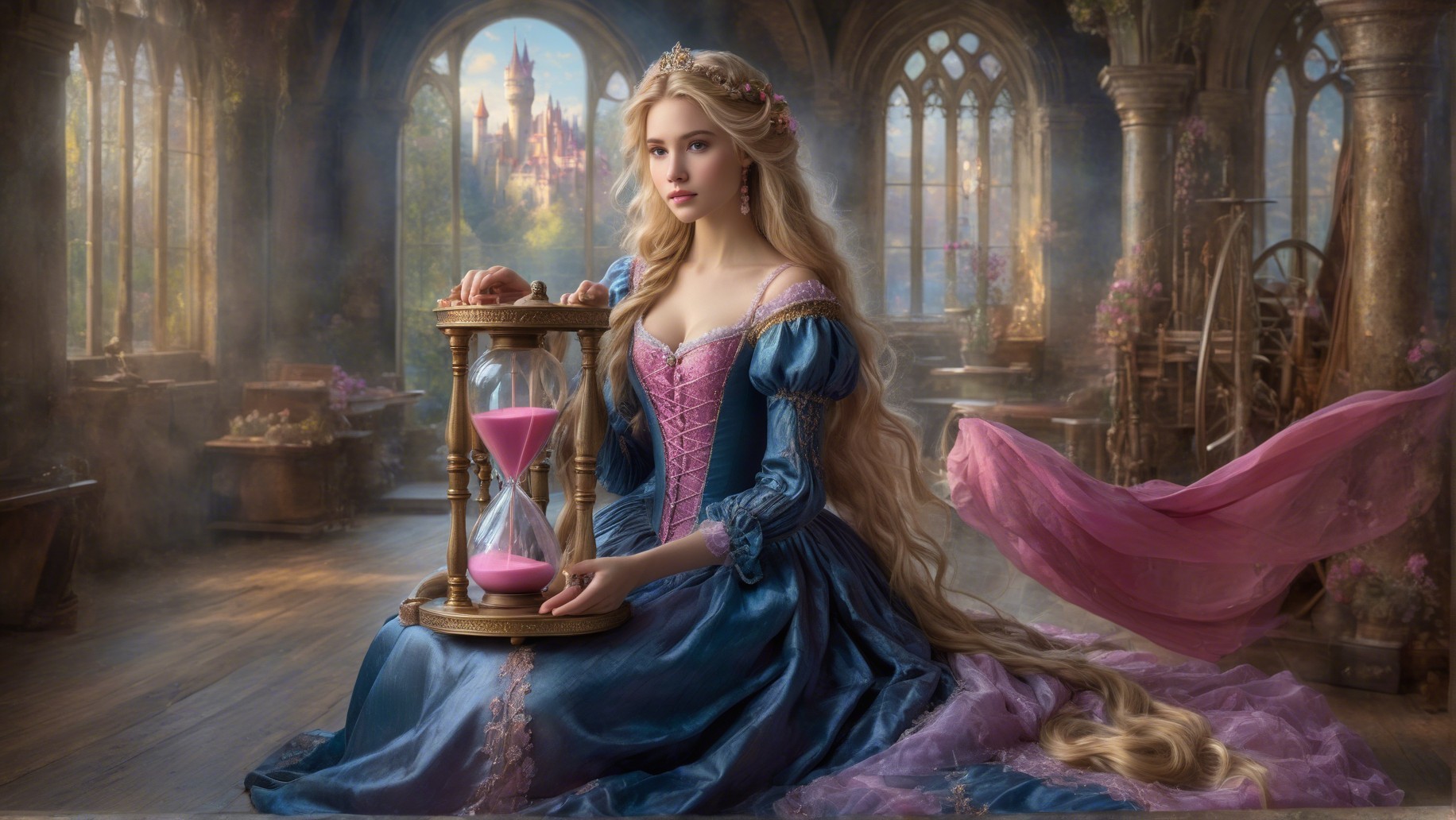 Young Woman with Hourglass in Mystical Setting