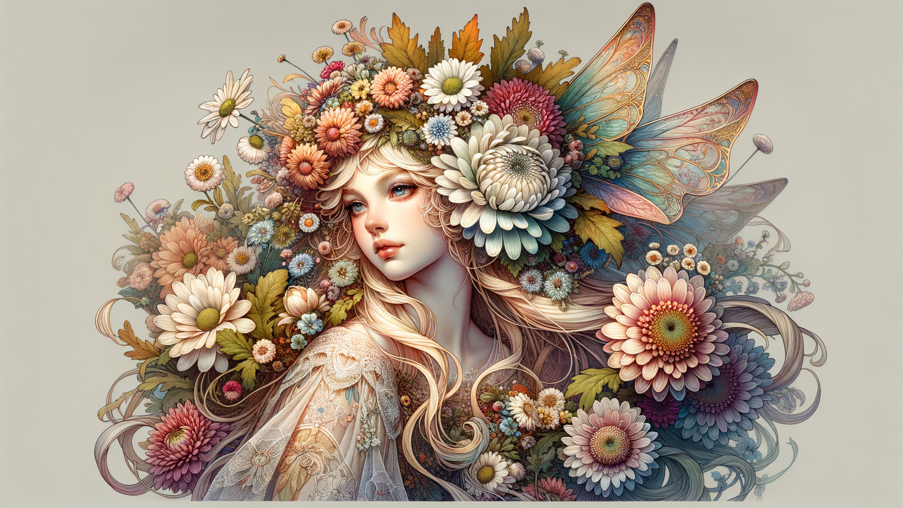 Serene Woman with Floral Crown and Colorful Flowers