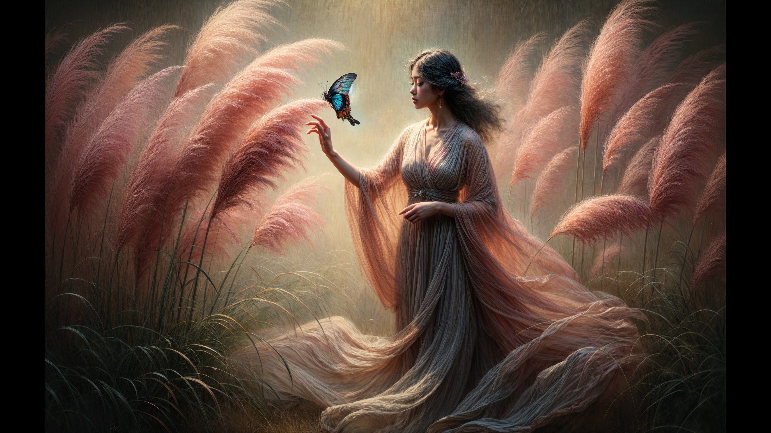 Serene Woman in Ethereal Gown with Butterfly in Grasses