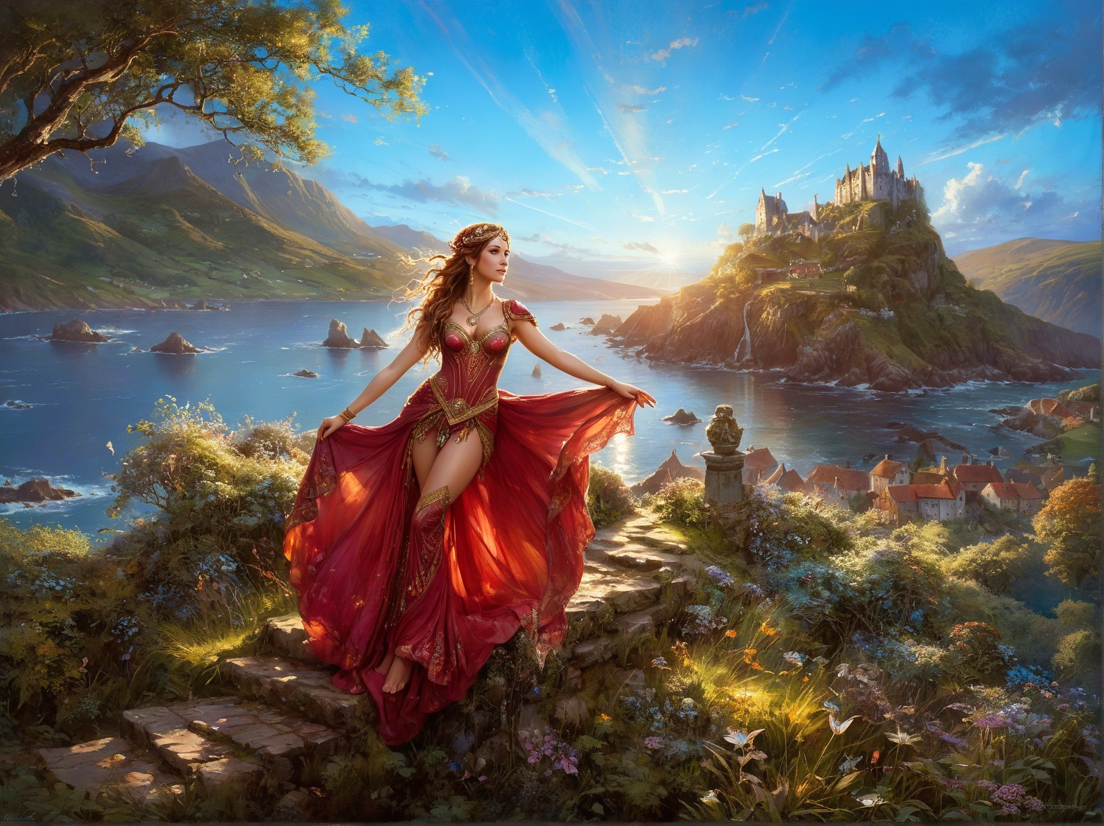 Woman in Red Gown Overlooking Scenic Fantasy Landscape