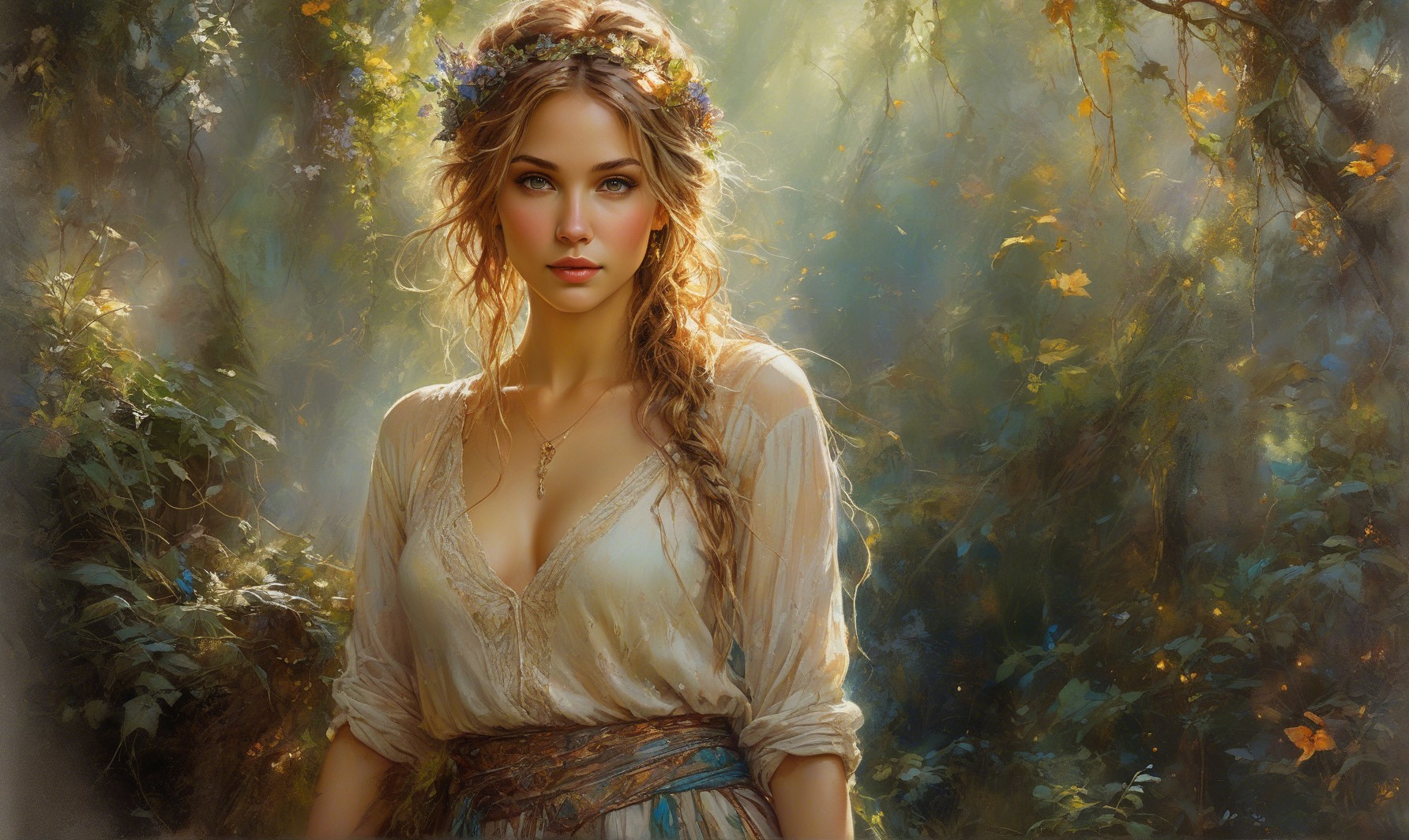 Young woman in mystical forest with ethereal light