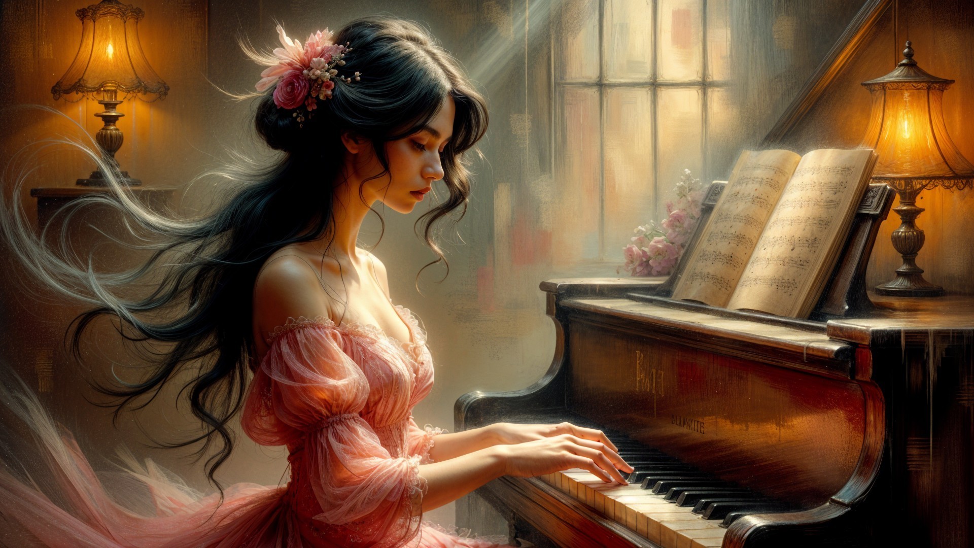 Young woman in pink dress playing grand piano indoors