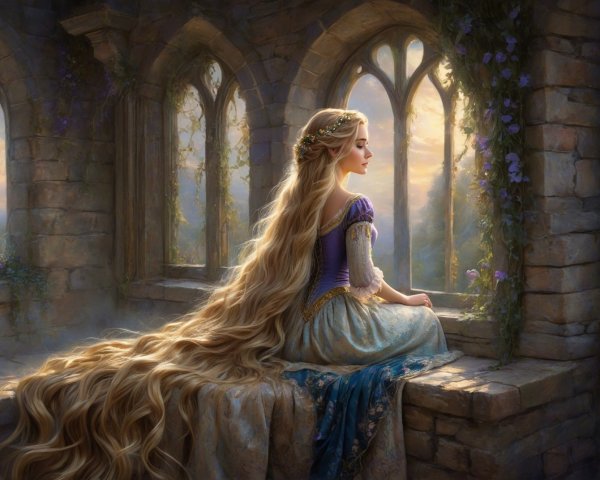 Young Woman in Elegant Gown by Stone Windowsill