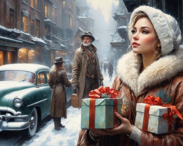 Digital painting of a blonde woman in snowy street scene