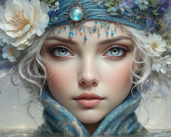Portrait of a Young Woman with Blue Eyes and Flowers