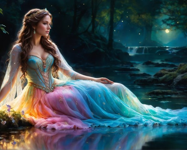 Young Woman in Colorful Gown by Moonlit Stream