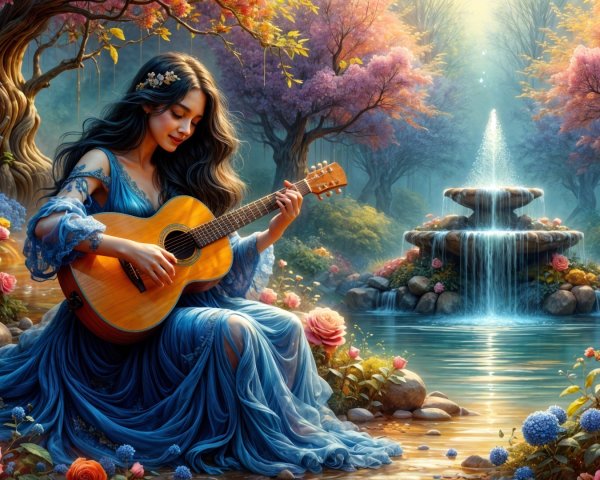 Young woman in blue dress by serene forest pond