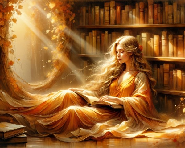 Cozy library scene with sunlight and autumn leaves