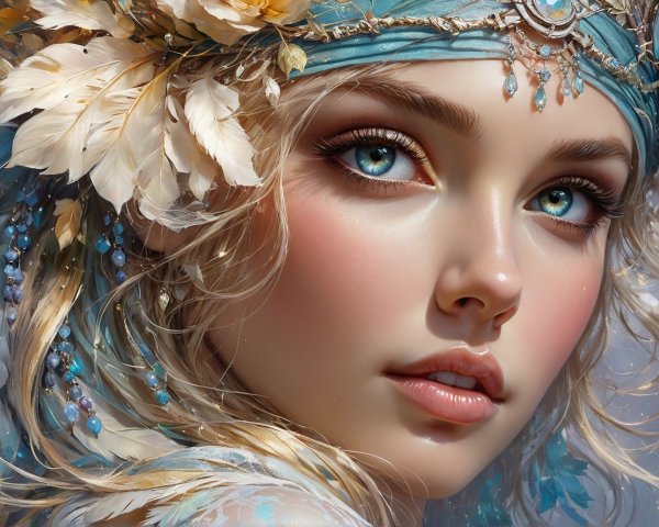 Close-Up of a Young Woman with Blue Eyes and Headpiece