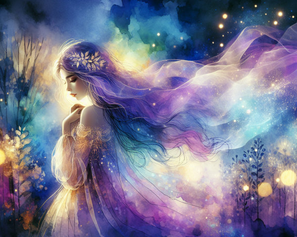 Ethereal Young Woman in Cosmic Floral Setting