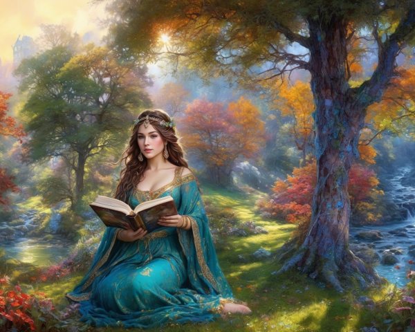Young Woman Reading in Enchanted Forest Setting