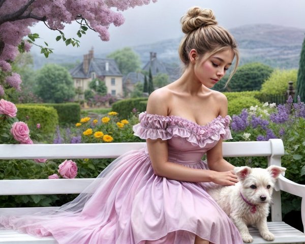 Young woman in pink dress with dog in flower garden