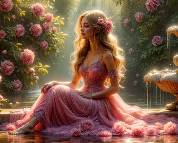 Young Woman in Rose-Pink Gown by Fountain and Roses
