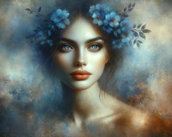 Portrait of a Young Woman with Blue Eyes and Flowers