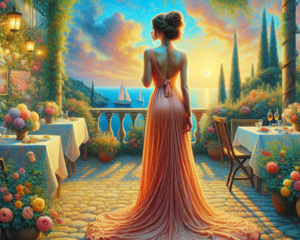 Elegant Woman at Sunset by Tranquil Sea and Flowers
