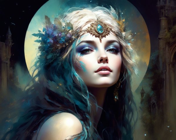 Mystical Woman with Turquoise Crown and Ethereal Light