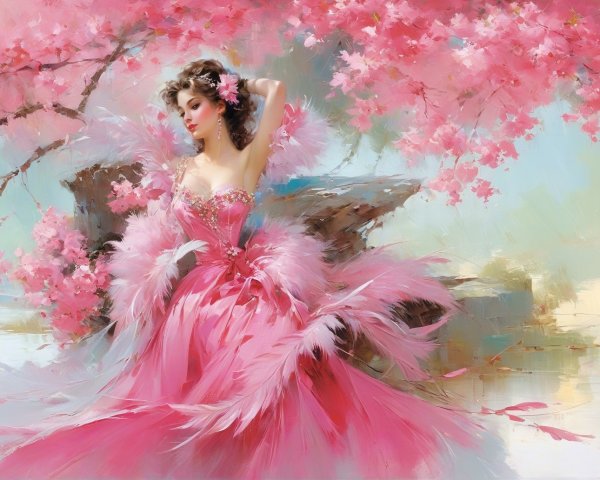 Ethereal Woman in Pink Gown Among Cherry Blossoms