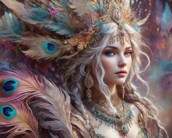 Elaborate Headdress with Peacock Feathers and Jewels