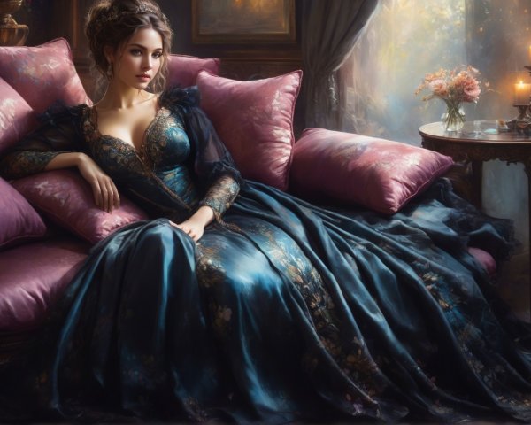 Elegant Woman in Blue Dress on Velvet Couch